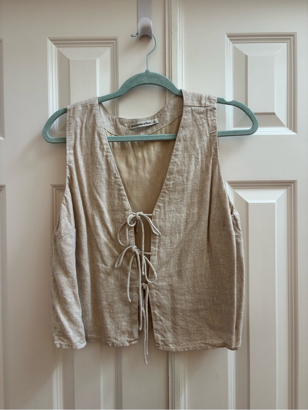 Abercrombie & Fitch Beige Tie-Front Linen-Blend Short Sleeve Top